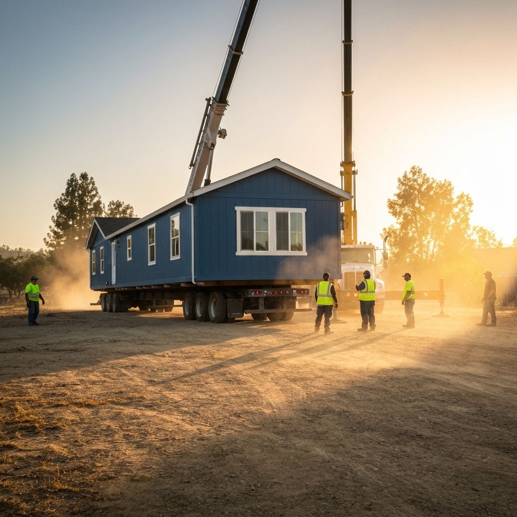 Manufactured home being delivered and set up on property